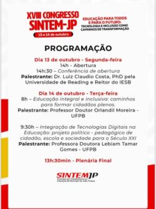 PROGRAMAÇÃO: XVIII Congresso SINTEM-JP, 13 e 14 de outubro.