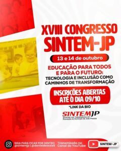XVIII Congresso SINTEM-JP : As inscrições estão abertas até o dia 09/10